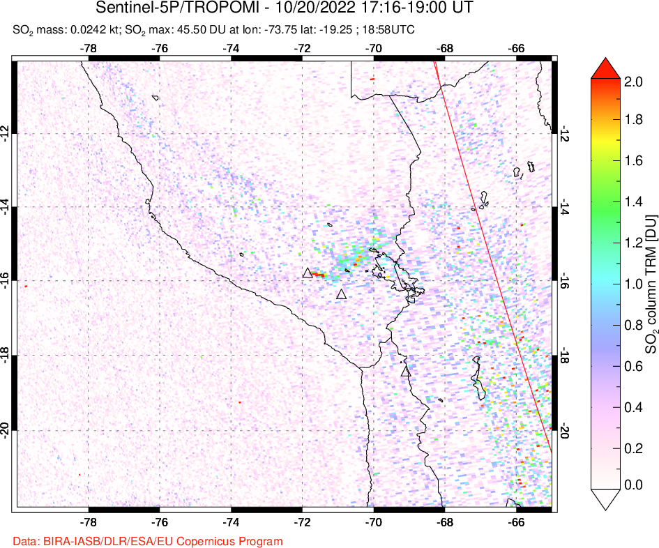 A sulfur dioxide image over Peru on Oct 20, 2022.