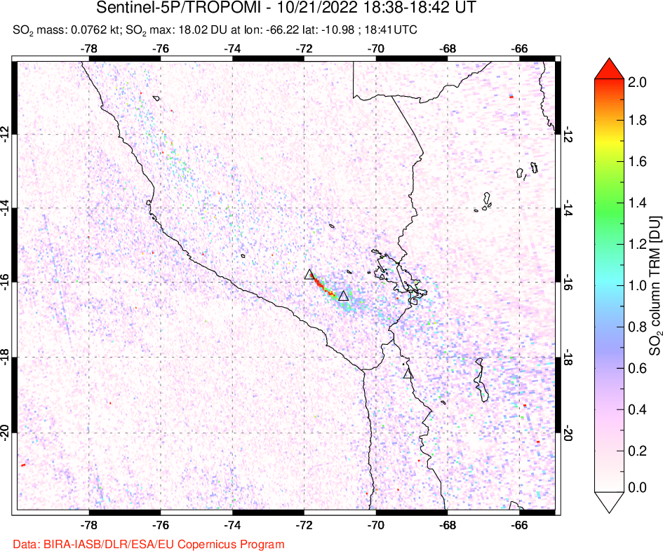A sulfur dioxide image over Peru on Oct 21, 2022.