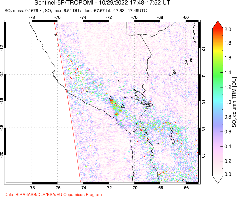 A sulfur dioxide image over Peru on Oct 29, 2022.