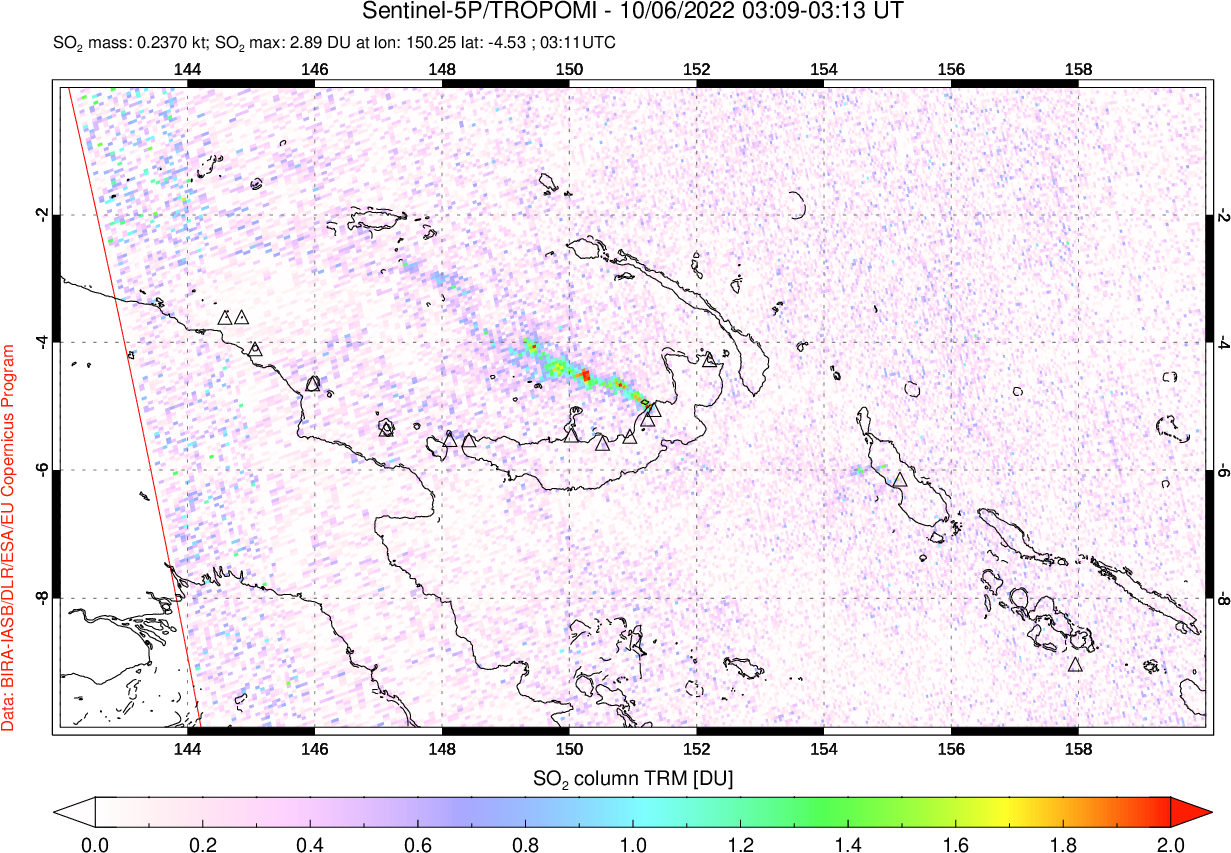 A sulfur dioxide image over Papua, New Guinea on Oct 06, 2022.