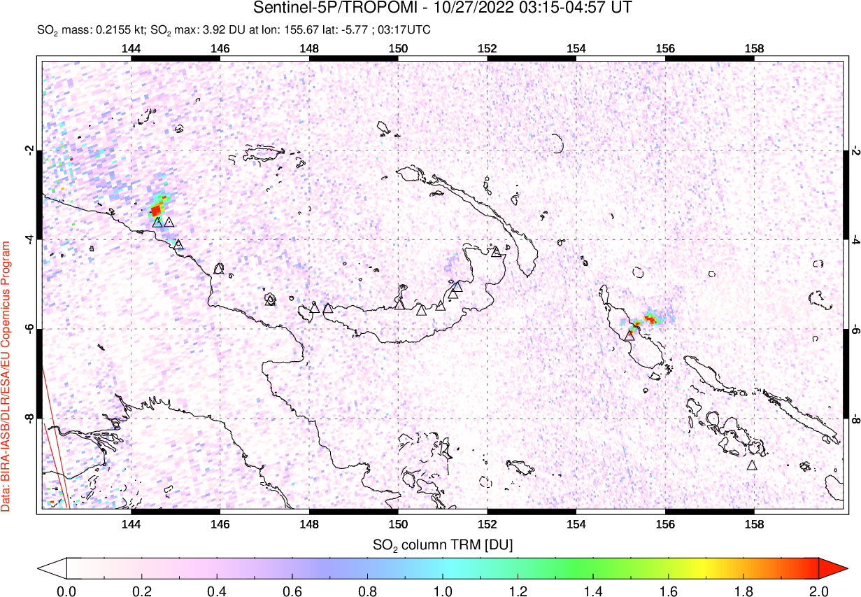 A sulfur dioxide image over Papua, New Guinea on Oct 27, 2022.