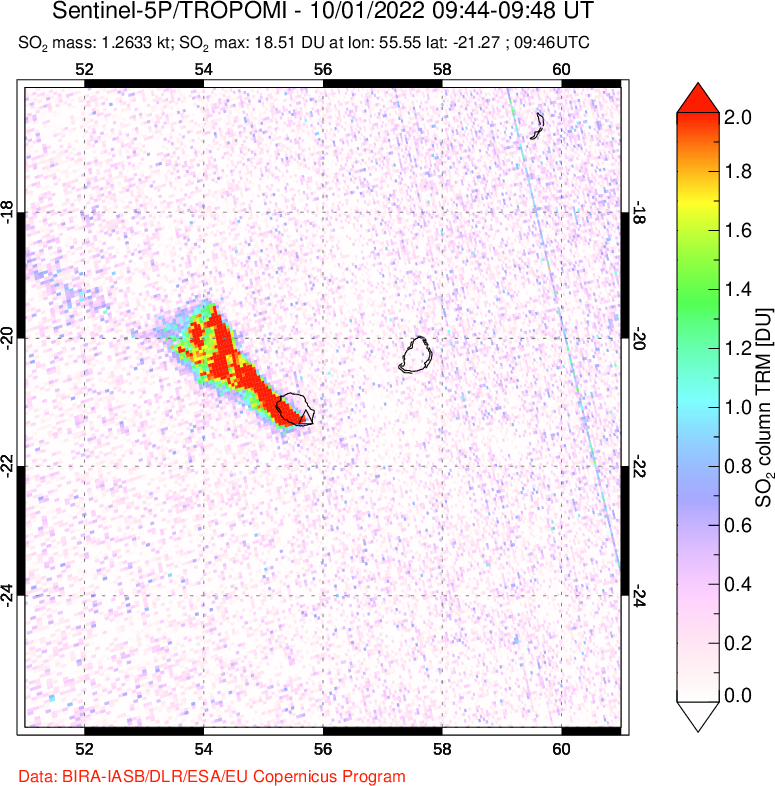 A sulfur dioxide image over Reunion Island, Indian Ocean on Oct 01, 2022.