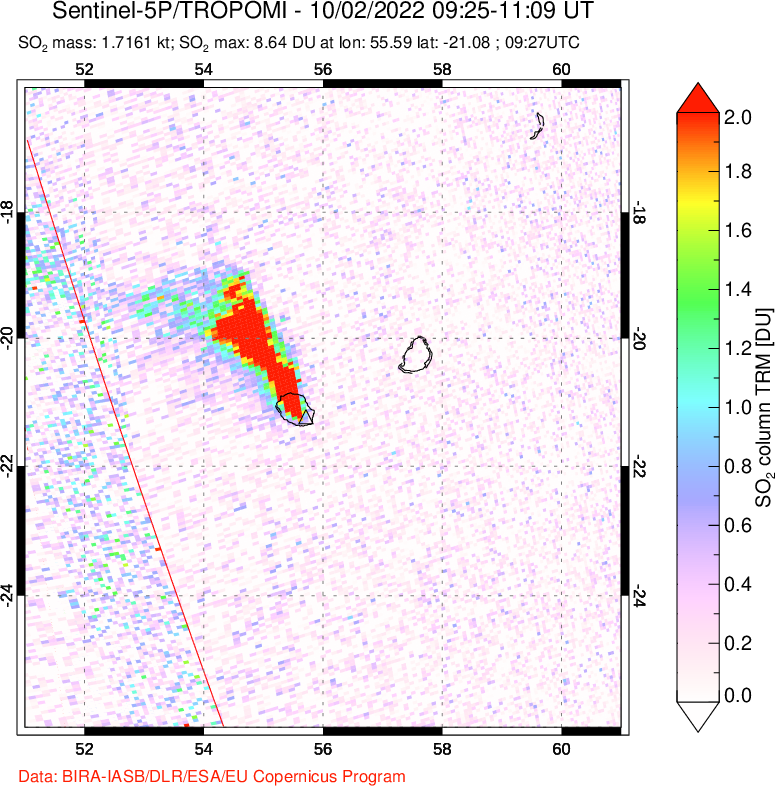 A sulfur dioxide image over Reunion Island, Indian Ocean on Oct 02, 2022.