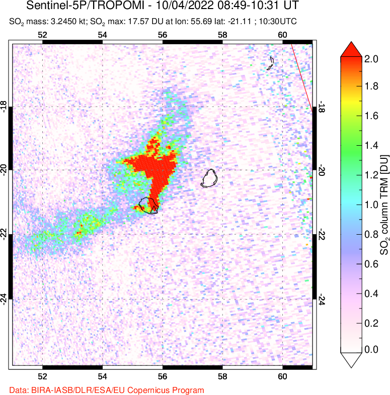 A sulfur dioxide image over Reunion Island, Indian Ocean on Oct 04, 2022.