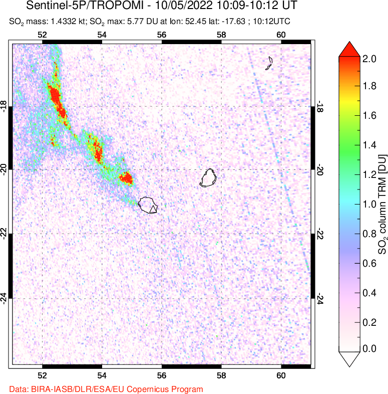 A sulfur dioxide image over Reunion Island, Indian Ocean on Oct 05, 2022.