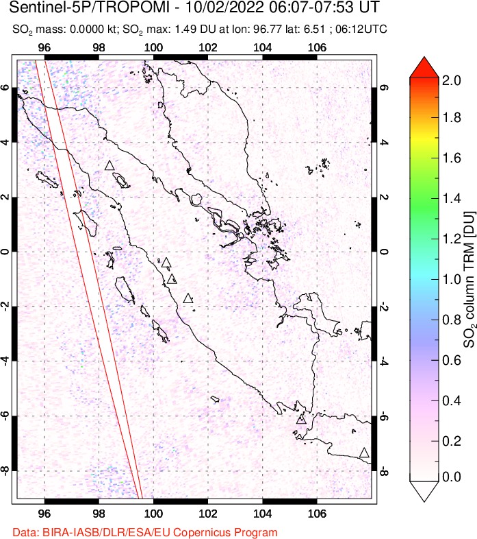 A sulfur dioxide image over Sumatra, Indonesia on Oct 02, 2022.
