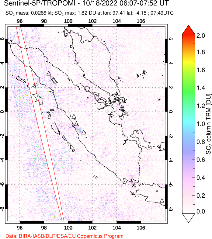 A sulfur dioxide image over Sumatra, Indonesia on Oct 18, 2022.