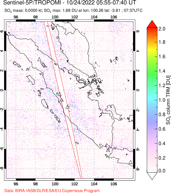 A sulfur dioxide image over Sumatra, Indonesia on Oct 24, 2022.