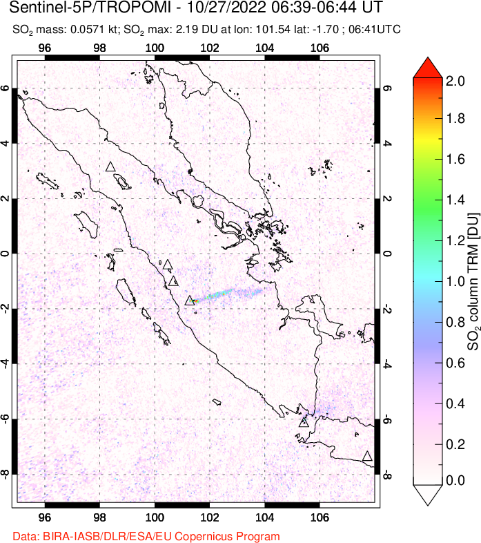 A sulfur dioxide image over Sumatra, Indonesia on Oct 27, 2022.