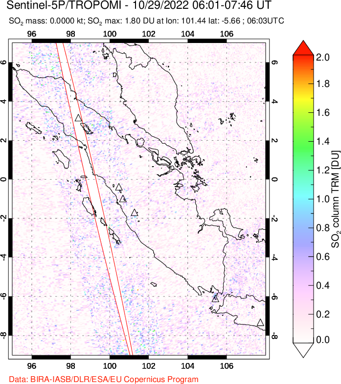 A sulfur dioxide image over Sumatra, Indonesia on Oct 29, 2022.