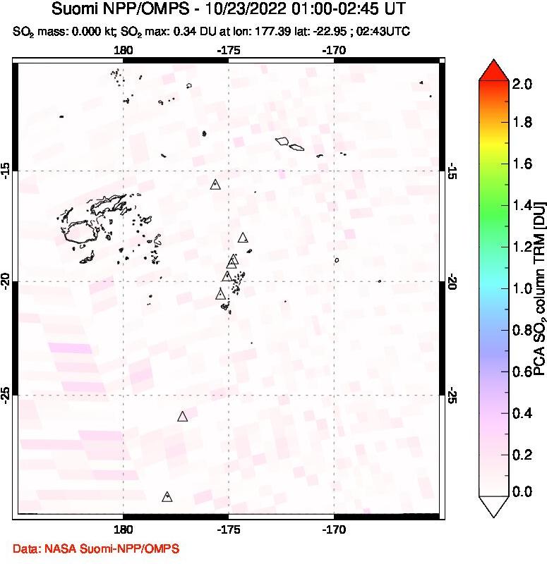 A sulfur dioxide image over Tonga, South Pacific on Oct 23, 2022.