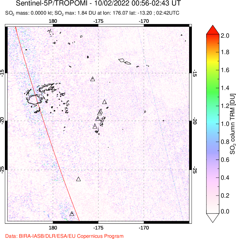 A sulfur dioxide image over Tonga, South Pacific on Oct 02, 2022.