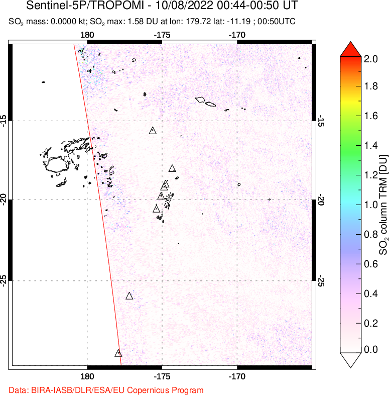A sulfur dioxide image over Tonga, South Pacific on Oct 08, 2022.
