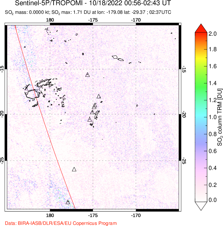 A sulfur dioxide image over Tonga, South Pacific on Oct 18, 2022.