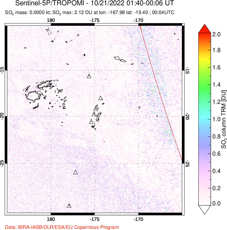 A sulfur dioxide image over Tonga, South Pacific on Oct 21, 2022.