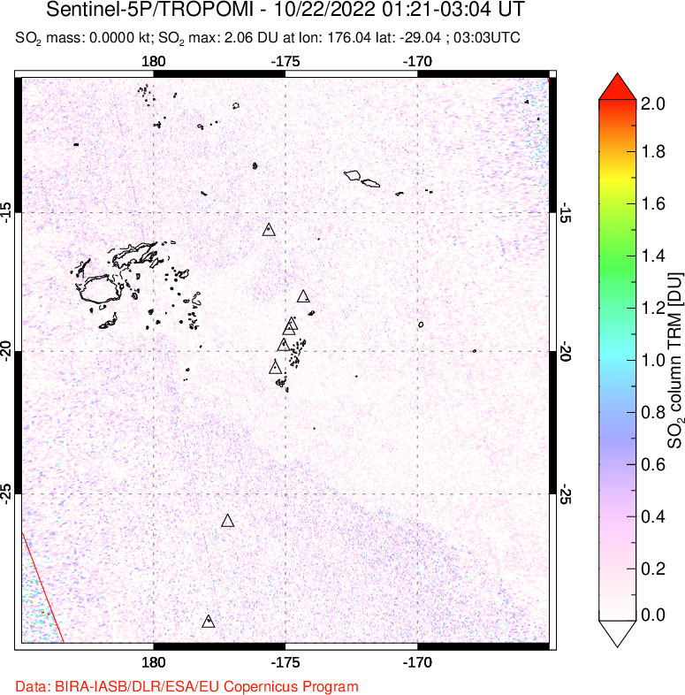 A sulfur dioxide image over Tonga, South Pacific on Oct 22, 2022.