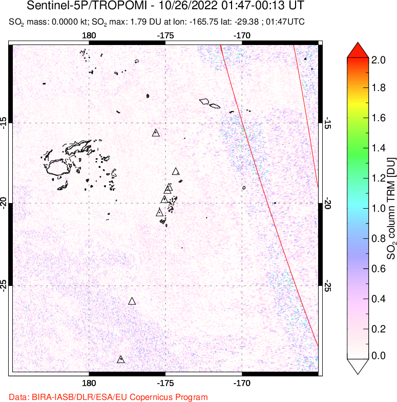 A sulfur dioxide image over Tonga, South Pacific on Oct 26, 2022.