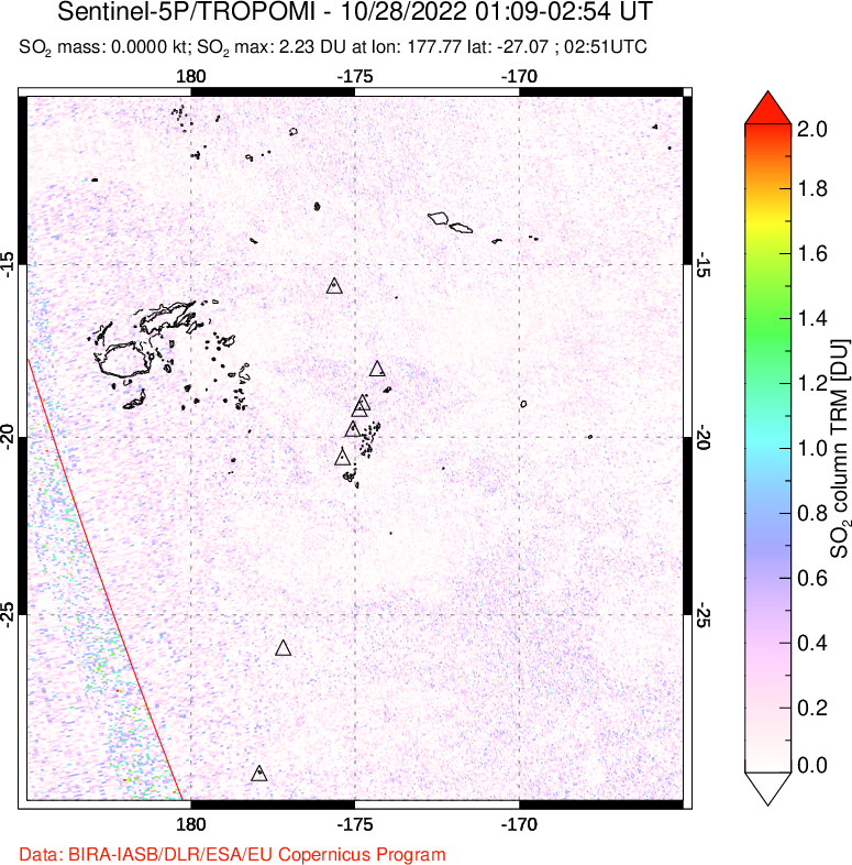 A sulfur dioxide image over Tonga, South Pacific on Oct 28, 2022.