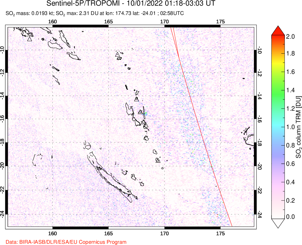 A sulfur dioxide image over Vanuatu, South Pacific on Oct 01, 2022.