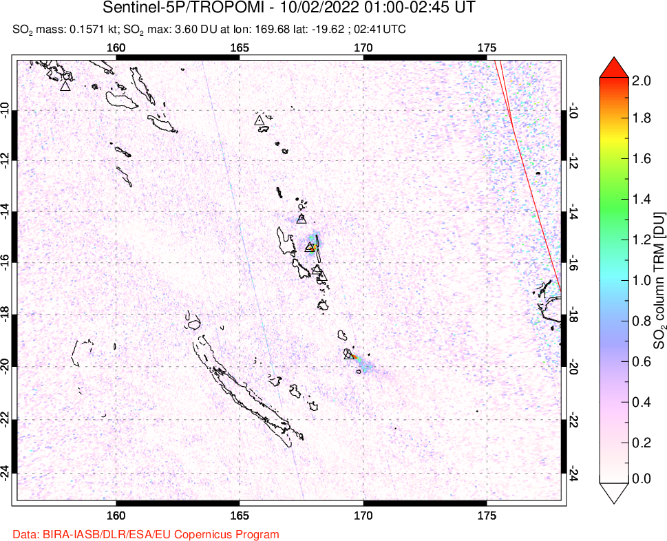 A sulfur dioxide image over Vanuatu, South Pacific on Oct 02, 2022.