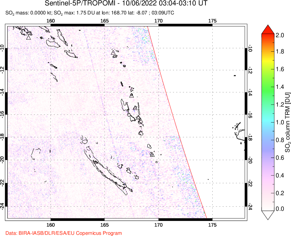 A sulfur dioxide image over Vanuatu, South Pacific on Oct 06, 2022.