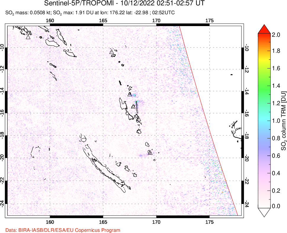 A sulfur dioxide image over Vanuatu, South Pacific on Oct 12, 2022.