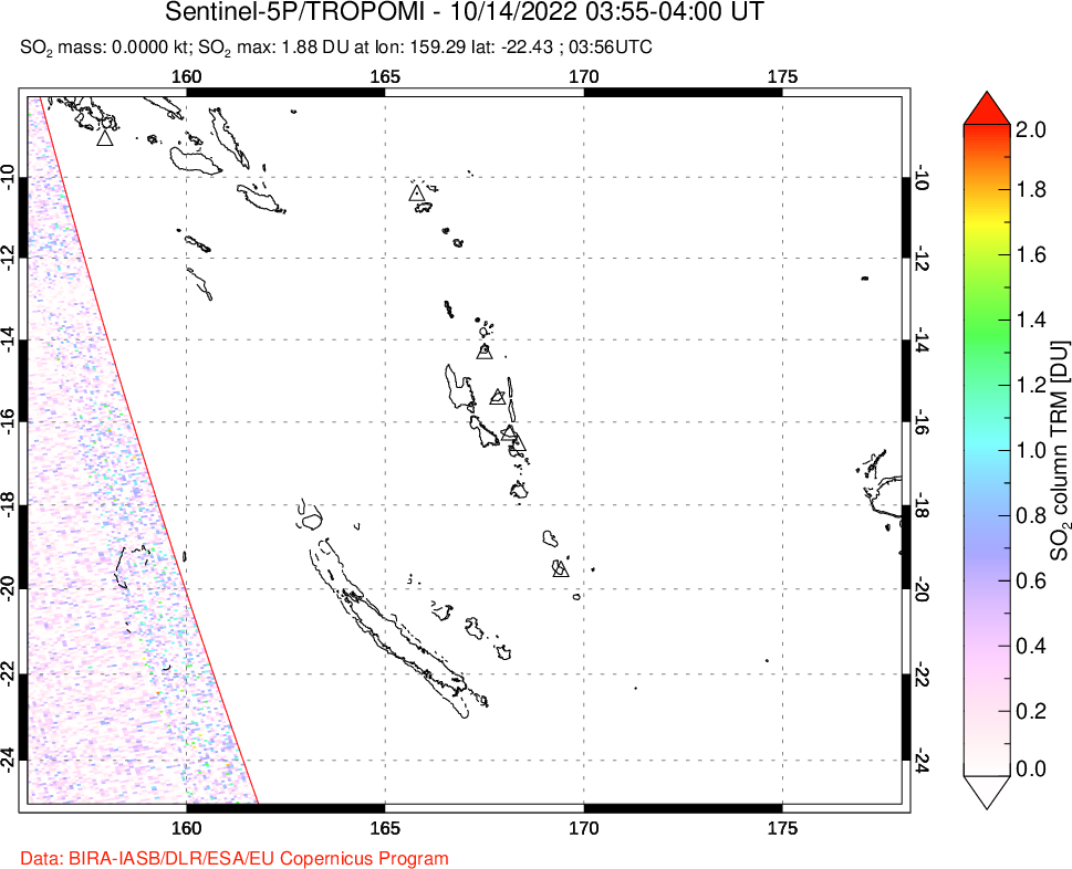A sulfur dioxide image over Vanuatu, South Pacific on Oct 14, 2022.