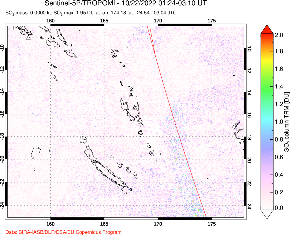 A sulfur dioxide image over Vanuatu, South Pacific on Oct 22, 2022.