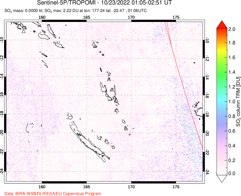 A sulfur dioxide image over Vanuatu, South Pacific on Oct 23, 2022.