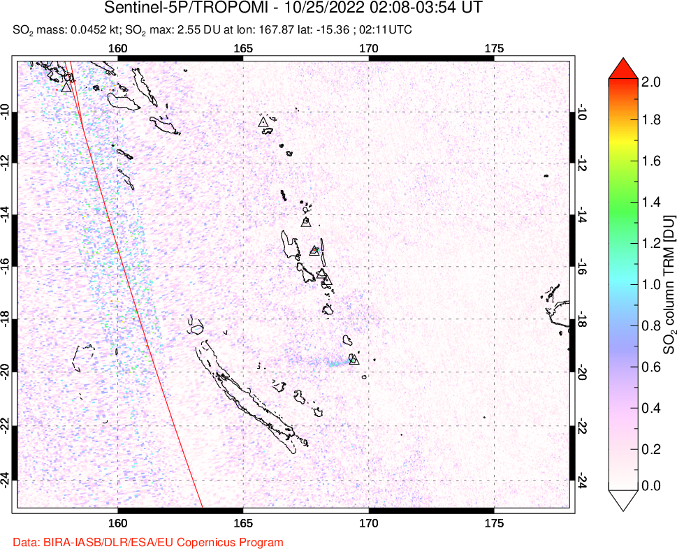 A sulfur dioxide image over Vanuatu, South Pacific on Oct 25, 2022.