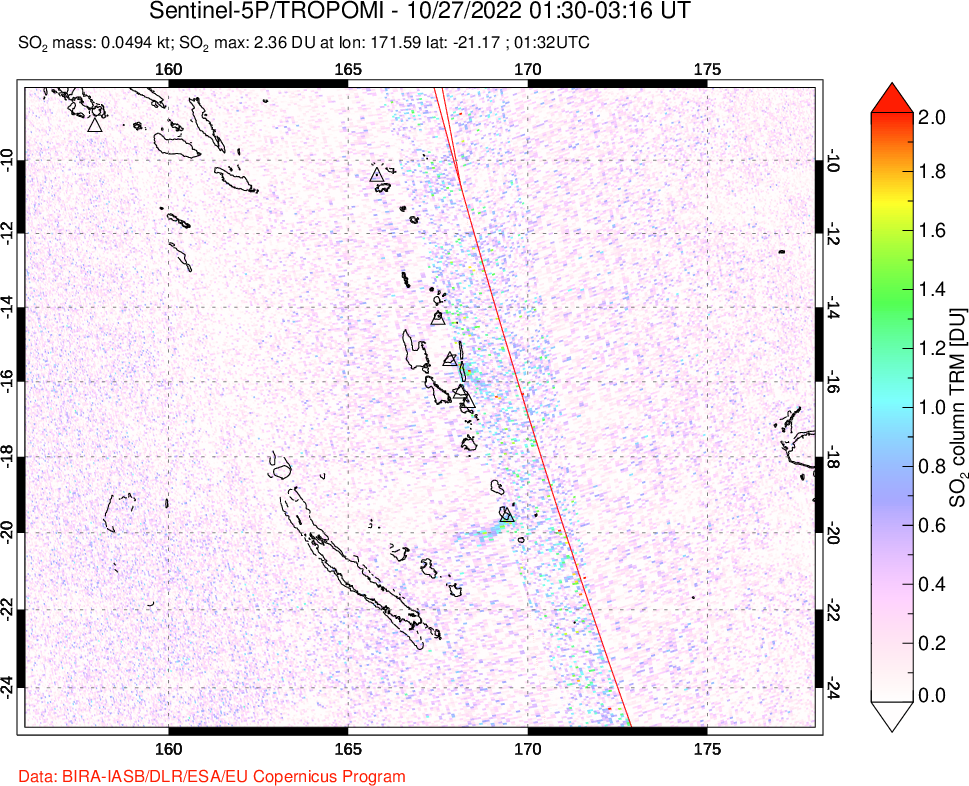 A sulfur dioxide image over Vanuatu, South Pacific on Oct 27, 2022.