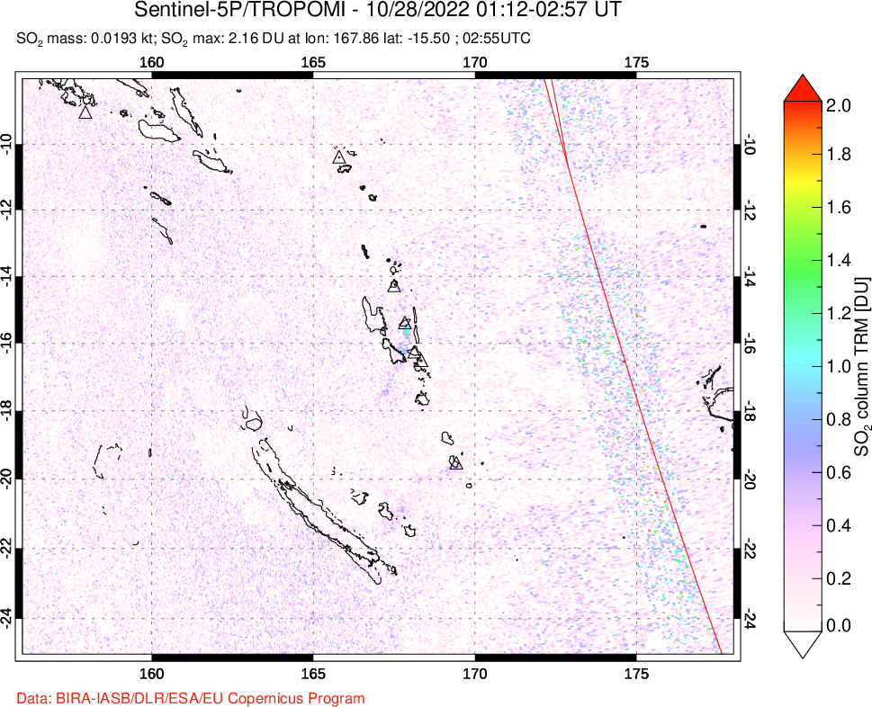 A sulfur dioxide image over Vanuatu, South Pacific on Oct 28, 2022.