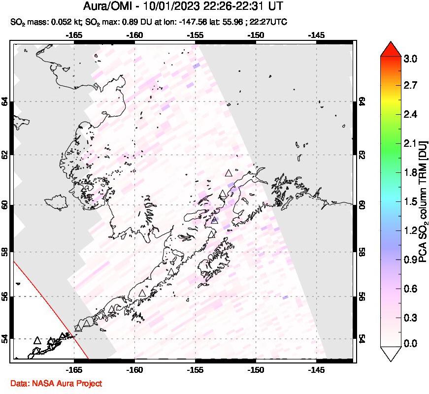 A sulfur dioxide image over Alaska, USA on Oct 01, 2023.