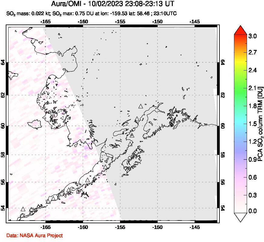 A sulfur dioxide image over Alaska, USA on Oct 02, 2023.