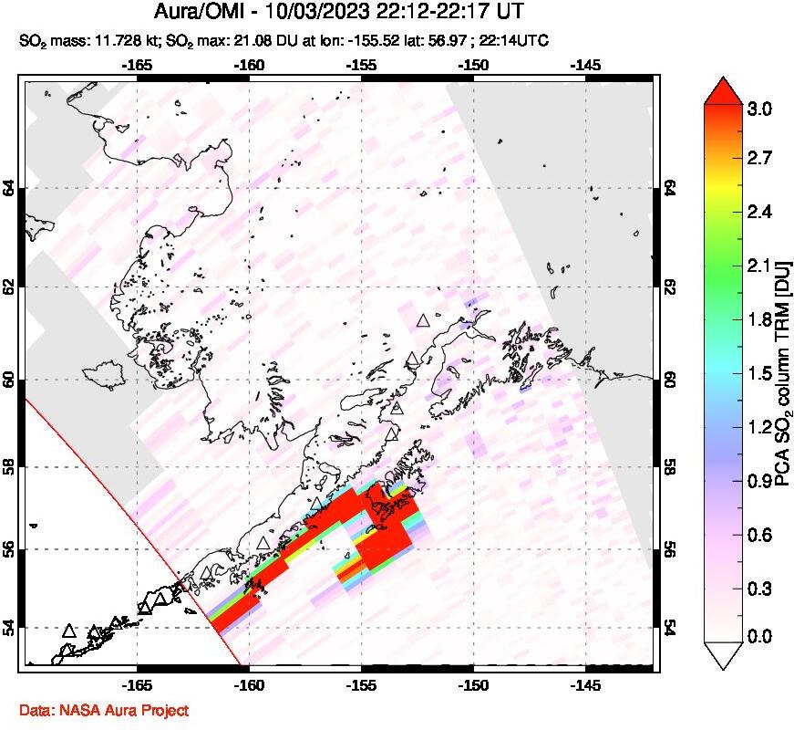 A sulfur dioxide image over Alaska, USA on Oct 03, 2023.