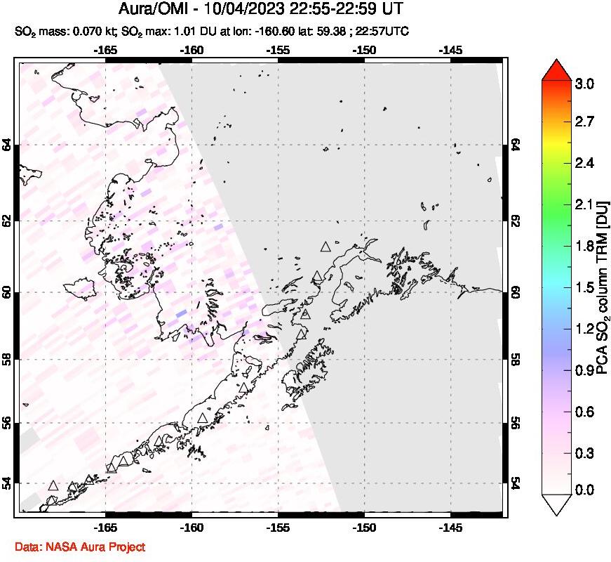 A sulfur dioxide image over Alaska, USA on Oct 04, 2023.