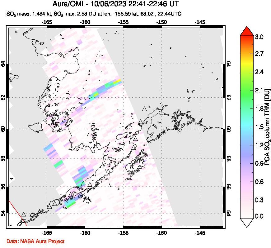 A sulfur dioxide image over Alaska, USA on Oct 06, 2023.