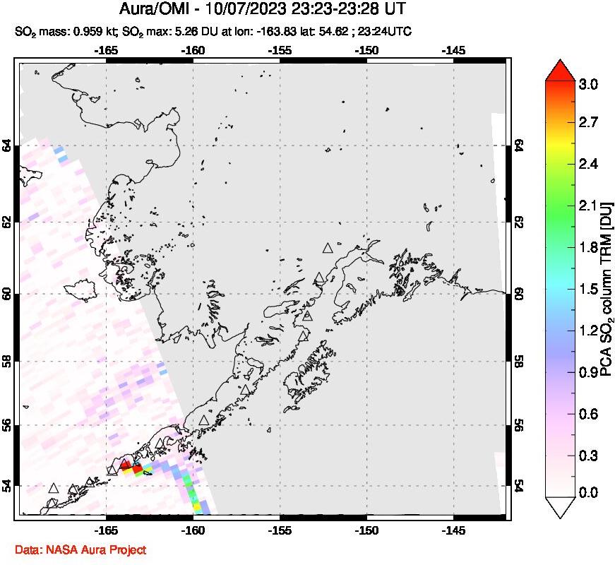 A sulfur dioxide image over Alaska, USA on Oct 07, 2023.