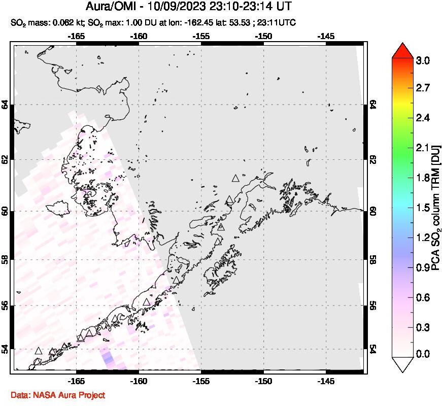 A sulfur dioxide image over Alaska, USA on Oct 09, 2023.