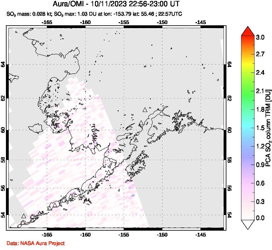 A sulfur dioxide image over Alaska, USA on Oct 11, 2023.