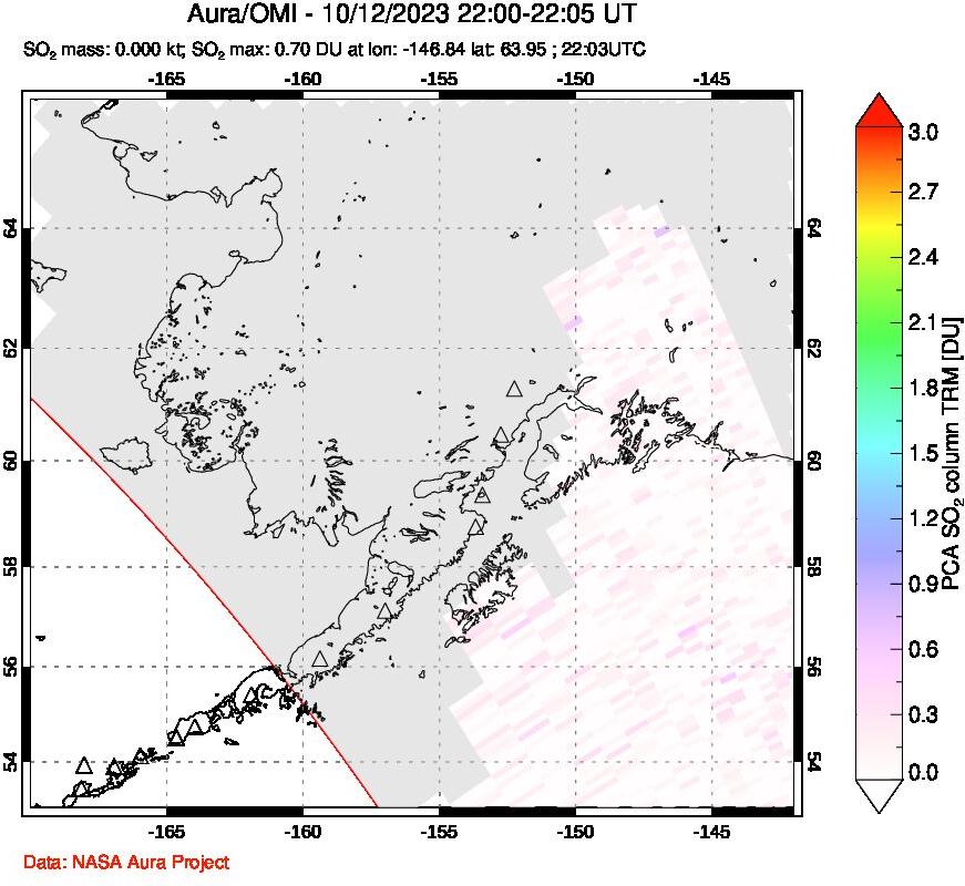 A sulfur dioxide image over Alaska, USA on Oct 12, 2023.