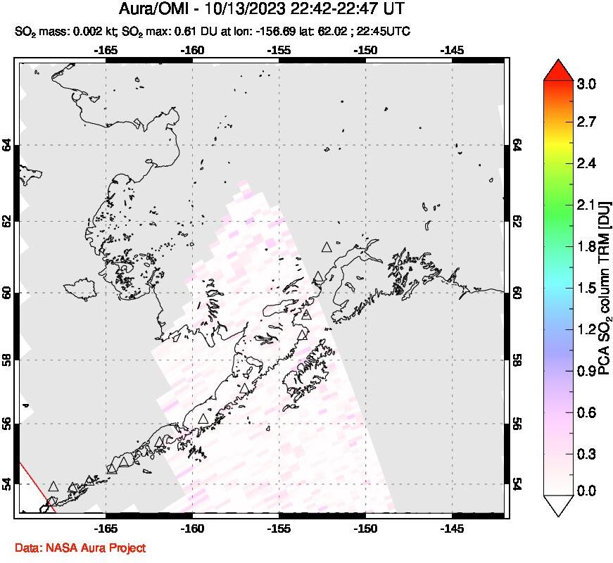 A sulfur dioxide image over Alaska, USA on Oct 13, 2023.