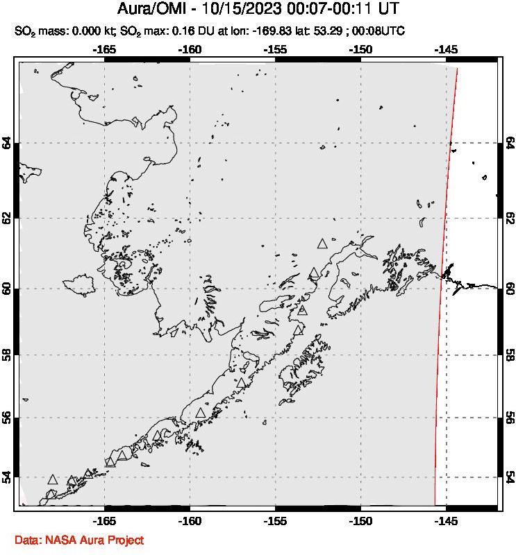 A sulfur dioxide image over Alaska, USA on Oct 15, 2023.