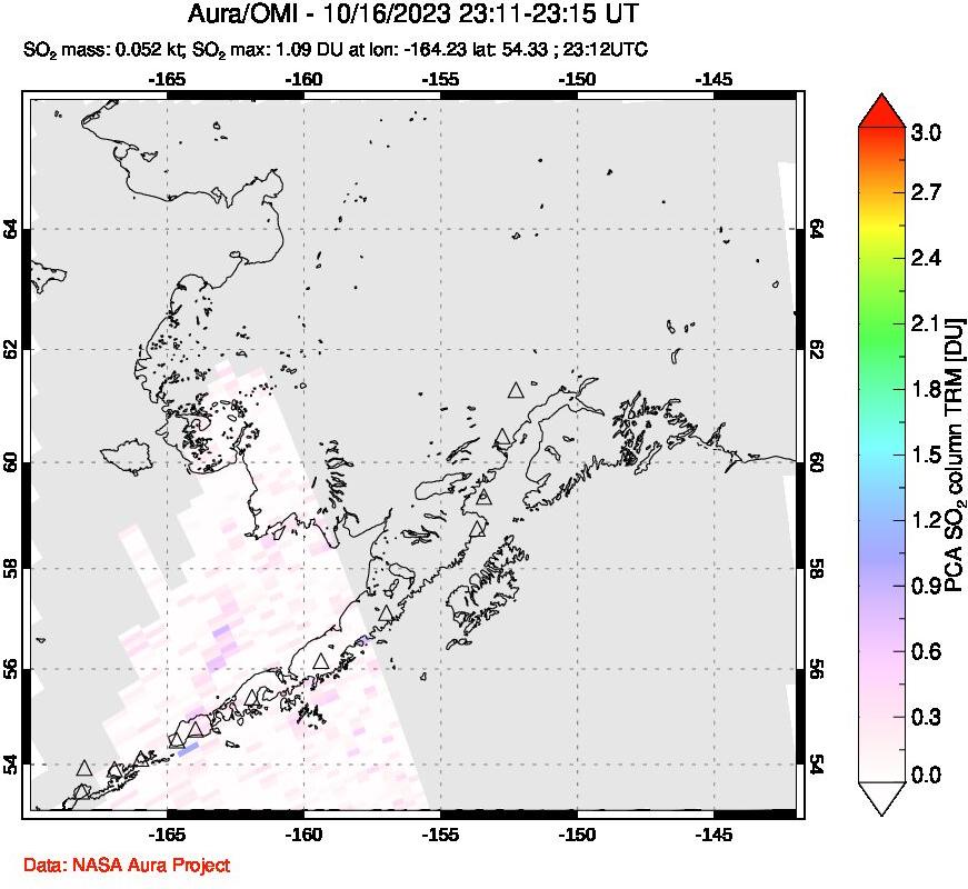 A sulfur dioxide image over Alaska, USA on Oct 16, 2023.