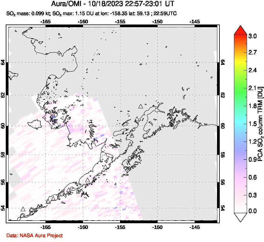 A sulfur dioxide image over Alaska, USA on Oct 18, 2023.