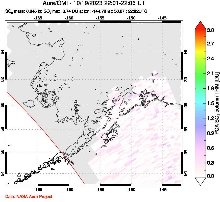 A sulfur dioxide image over Alaska, USA on Oct 19, 2023.