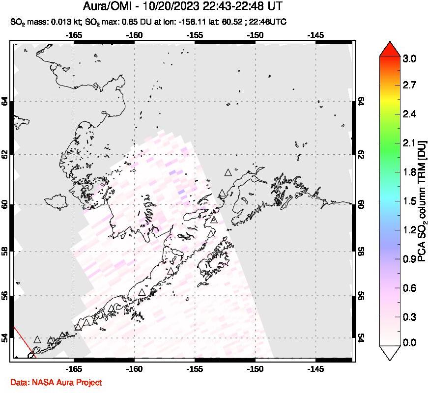 A sulfur dioxide image over Alaska, USA on Oct 20, 2023.