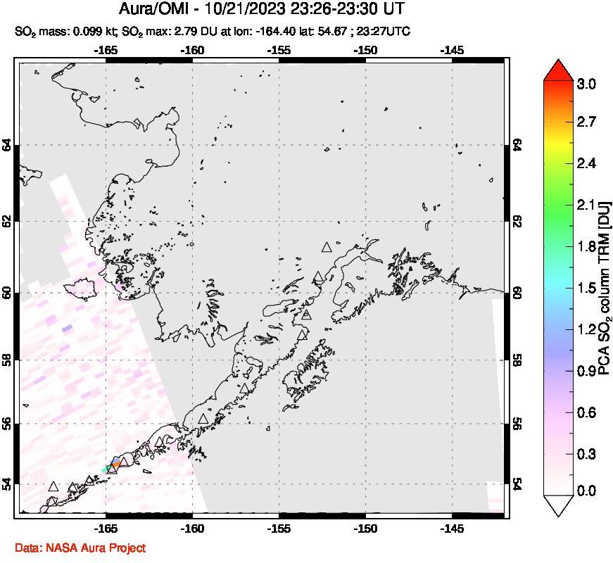 A sulfur dioxide image over Alaska, USA on Oct 21, 2023.