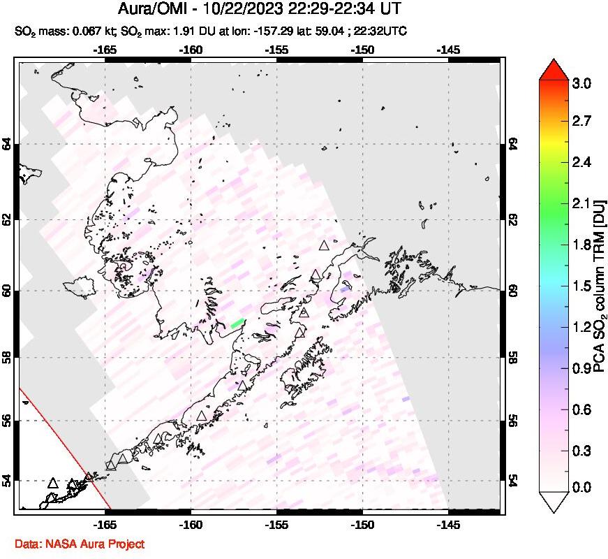 A sulfur dioxide image over Alaska, USA on Oct 22, 2023.