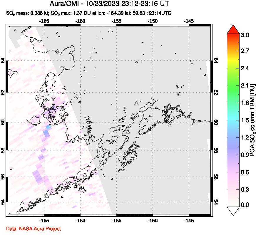 A sulfur dioxide image over Alaska, USA on Oct 23, 2023.